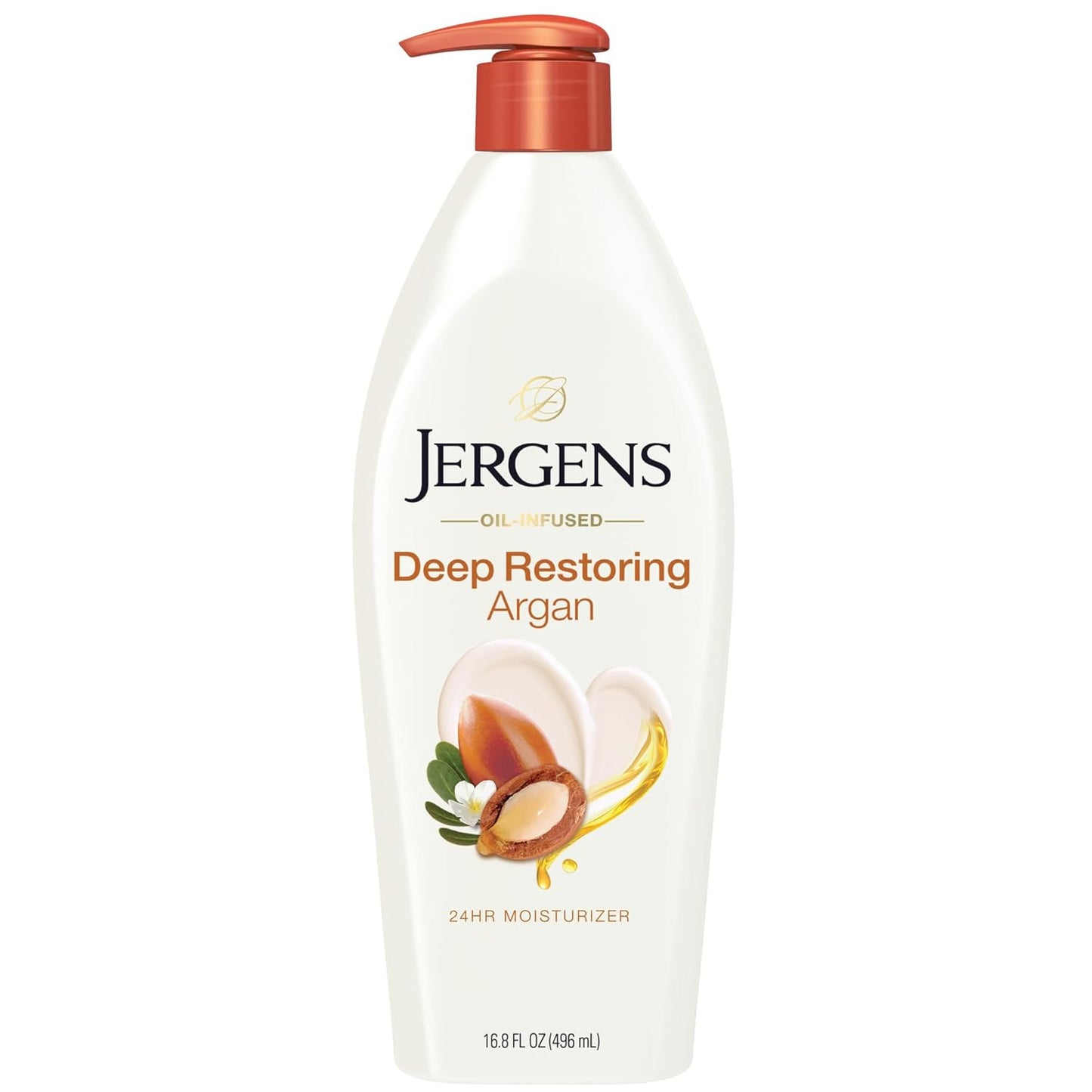 Jergens Deep Restoring Argan Oil Moisturizer, Soothing Body and Hand Lotion with Reviving Argan Oil and Vitamin E, Oil-Infused, Dermatologist Tested, 16.8 oz