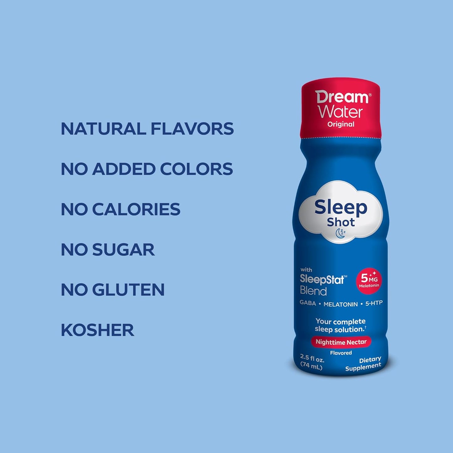 Dream Water Sleep Aid Supplement Drink; Melatonin 5mg, GABA, 5-HTP; Zero sugar, Natural flavors, No added colors, 2.5 oz liquid sleep shots, Nighttime Nectar, 24-Count