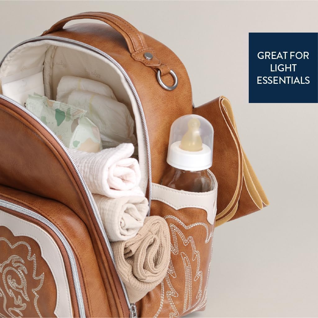 Itzy Ritzy Mini Diaper Bag Backpack – Chic, Compact Mini Plus Backpack with Changing Pad, 10 Pockets (6 Internal, 4 External), Grab-Top Handle & Rubber Feet (Saddle)