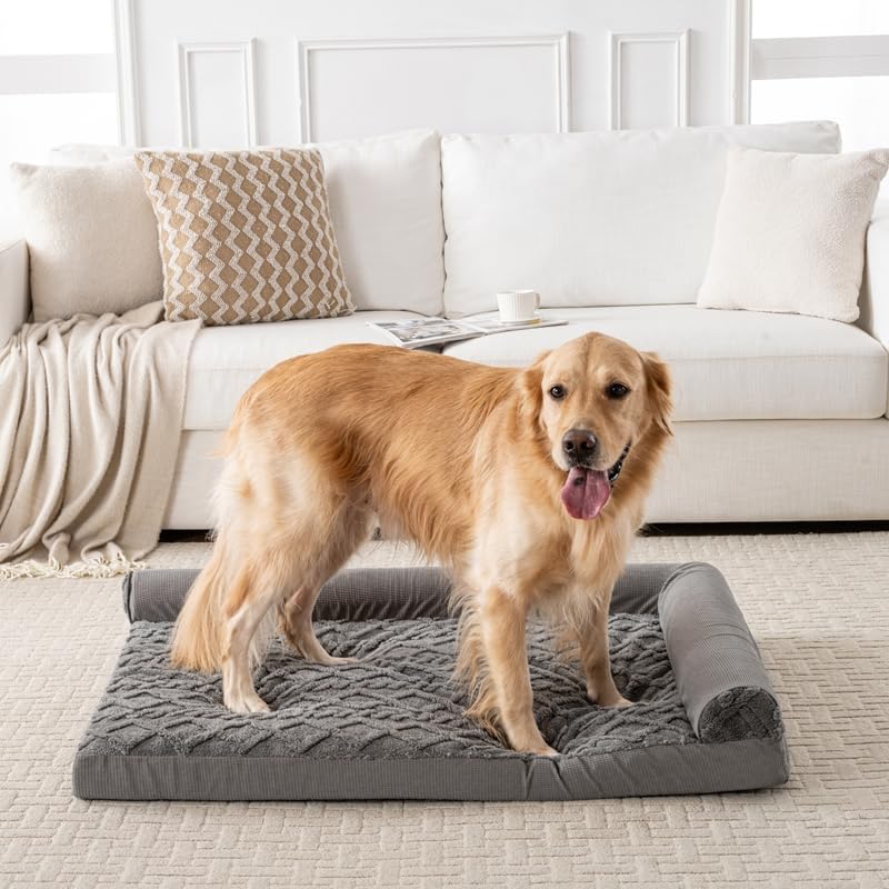 Orthopedic Dog Bed, L-Shaped Plush Sofa with Bolster, Memory Foam Pet Bed, Machine Washable Cover, for All Dog and cat Breeds (Dark Gray, 35" x 25" x 6.5")