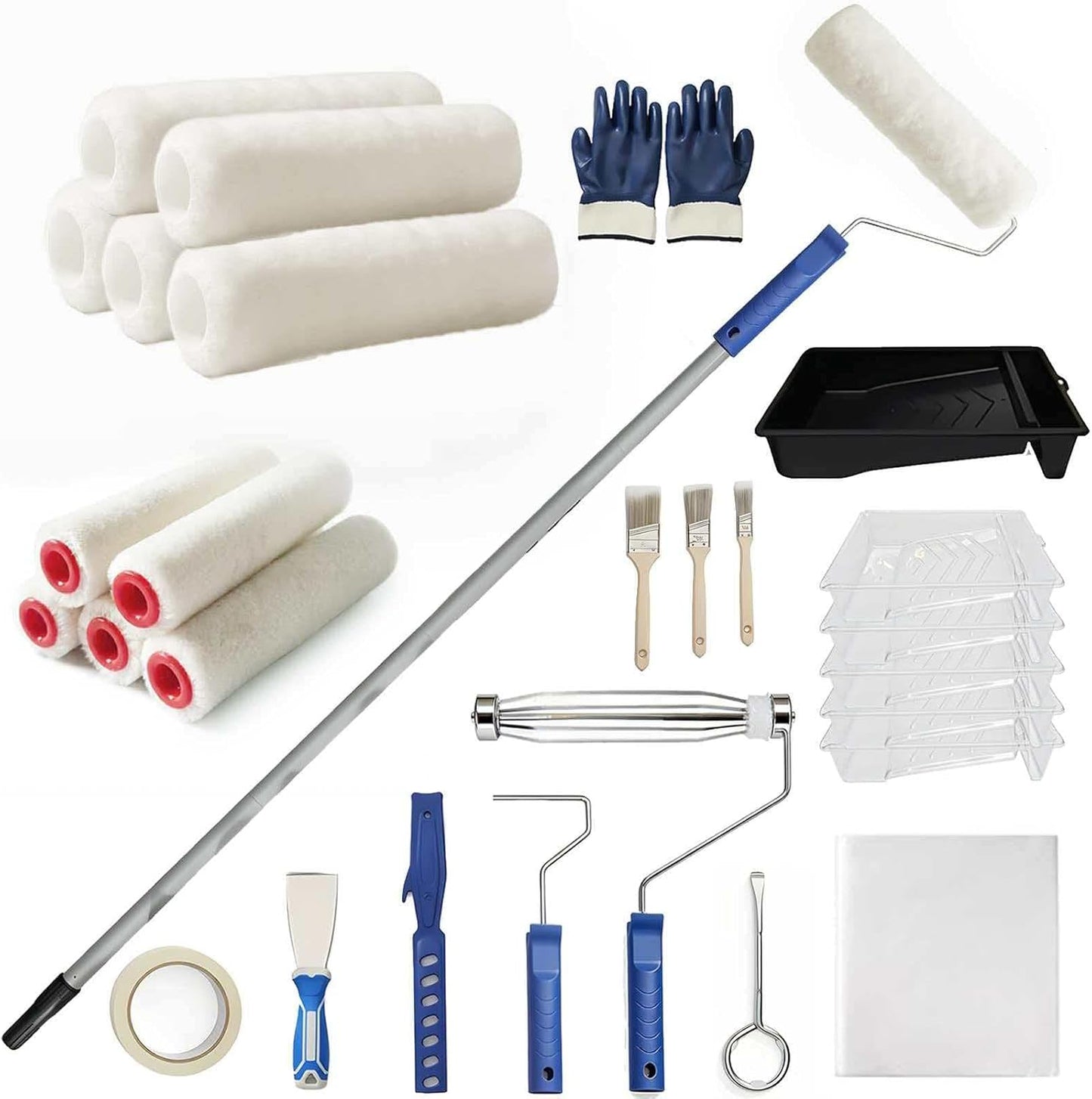 Paint Roller Kit with Long Paint Roller Extension Pole,9 inch & 4 inch Paint Roller Covers,Supplies for Painting Walls,Superabsorbent Paint Roller Set for Painting Home Interior