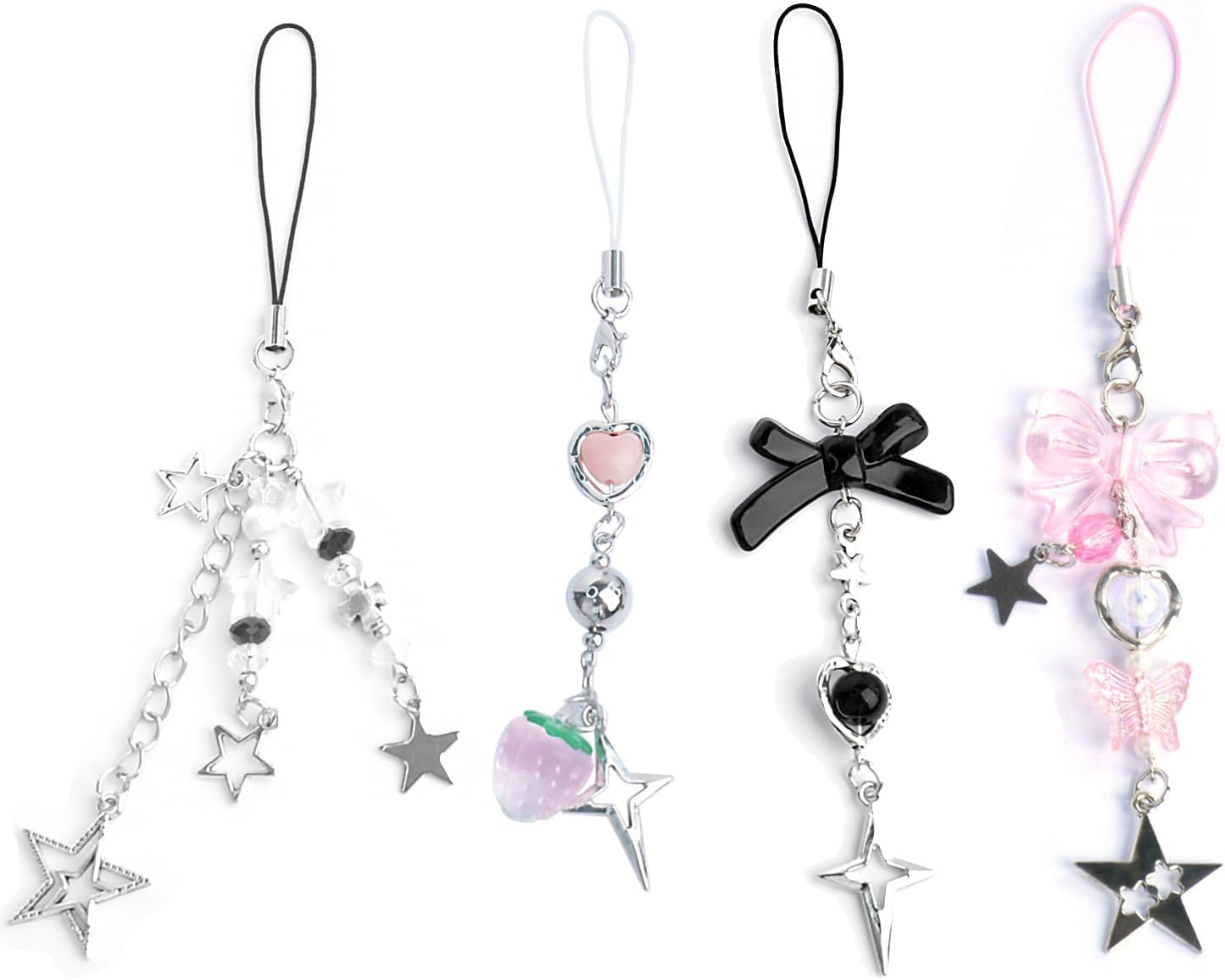 1-4PCS Cute Phone Charms Aesthetic Y2K Cellphone Charms Strap Pink Strawberry Butterfly Star Charm Y2K Accessories for Phone Bag Keychain Airpods Camera Pendants Decor