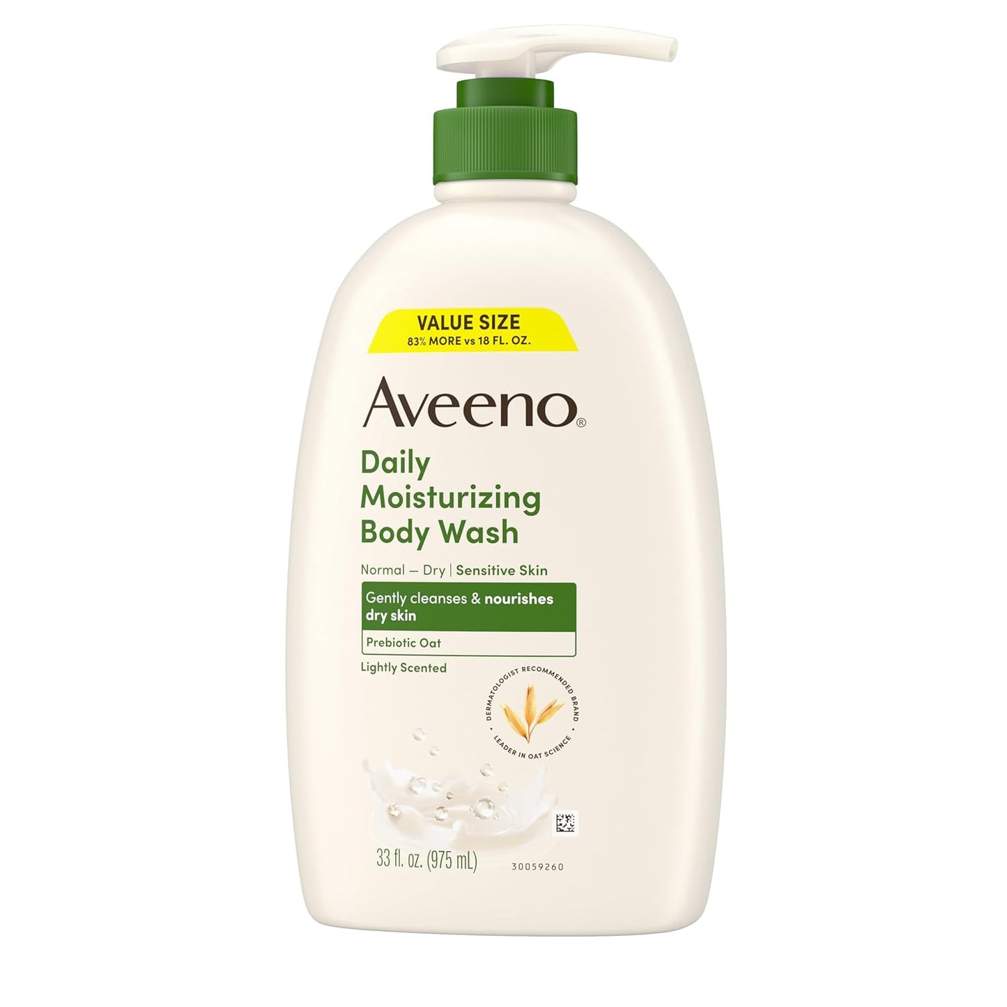 Aveeno Daily Moisturizing Body Wash for Dry & Sensitive Skin + Prebiotic Oat, Body Wash Gently Cleanses & Nourishes Dry Skin, Lightly Scented, Value Size, 33 fl. oz