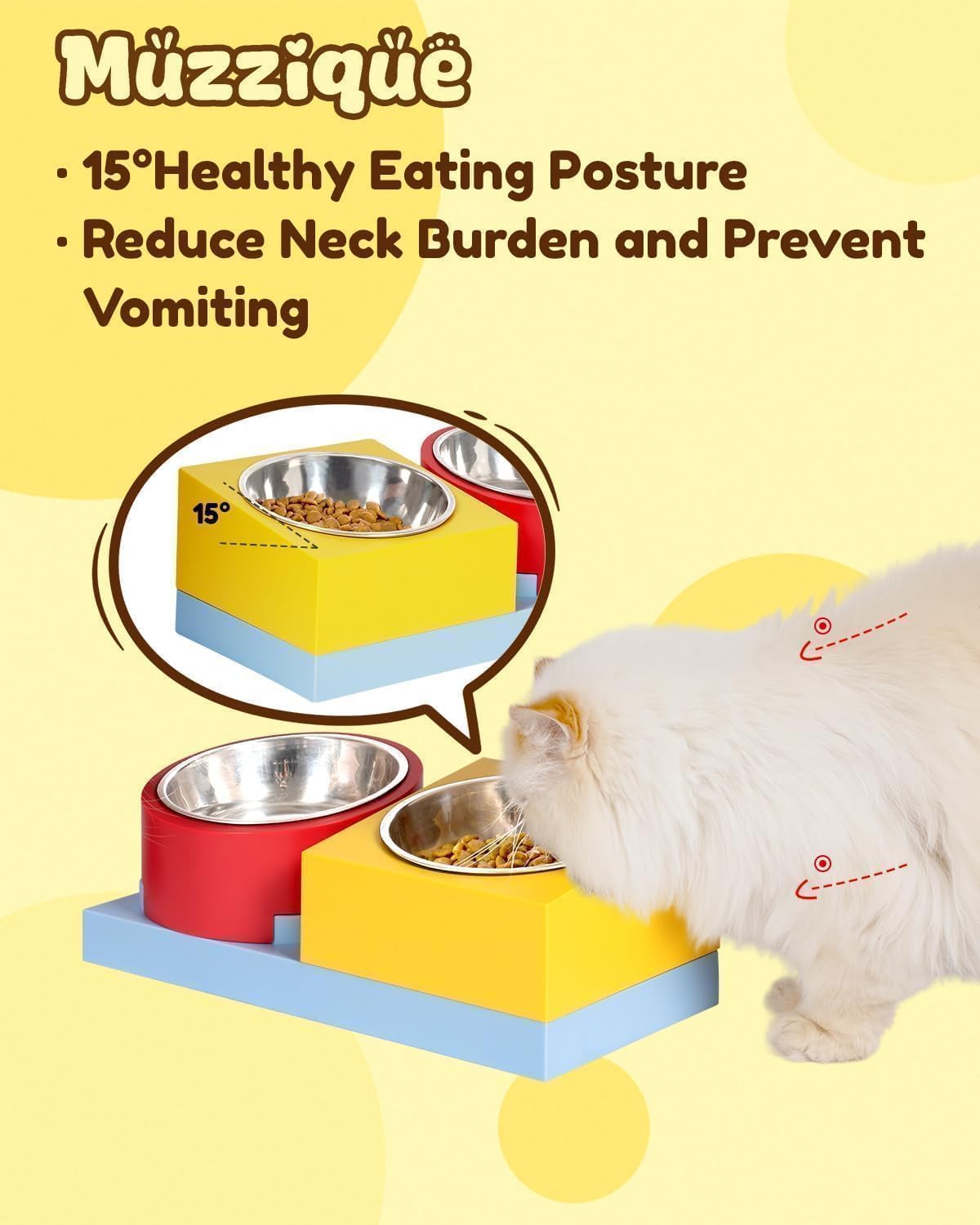 Cat Food Water Bowl Set, for Cats/Dogs, w/ 2 Raised Stainless Steel Puppy Bowls, Elevated DIY Kitten Metal Dishes Stand, Flat Tilted Pet Holder, No Spill Anti Whisker Fatigue Plastic Feeding Station