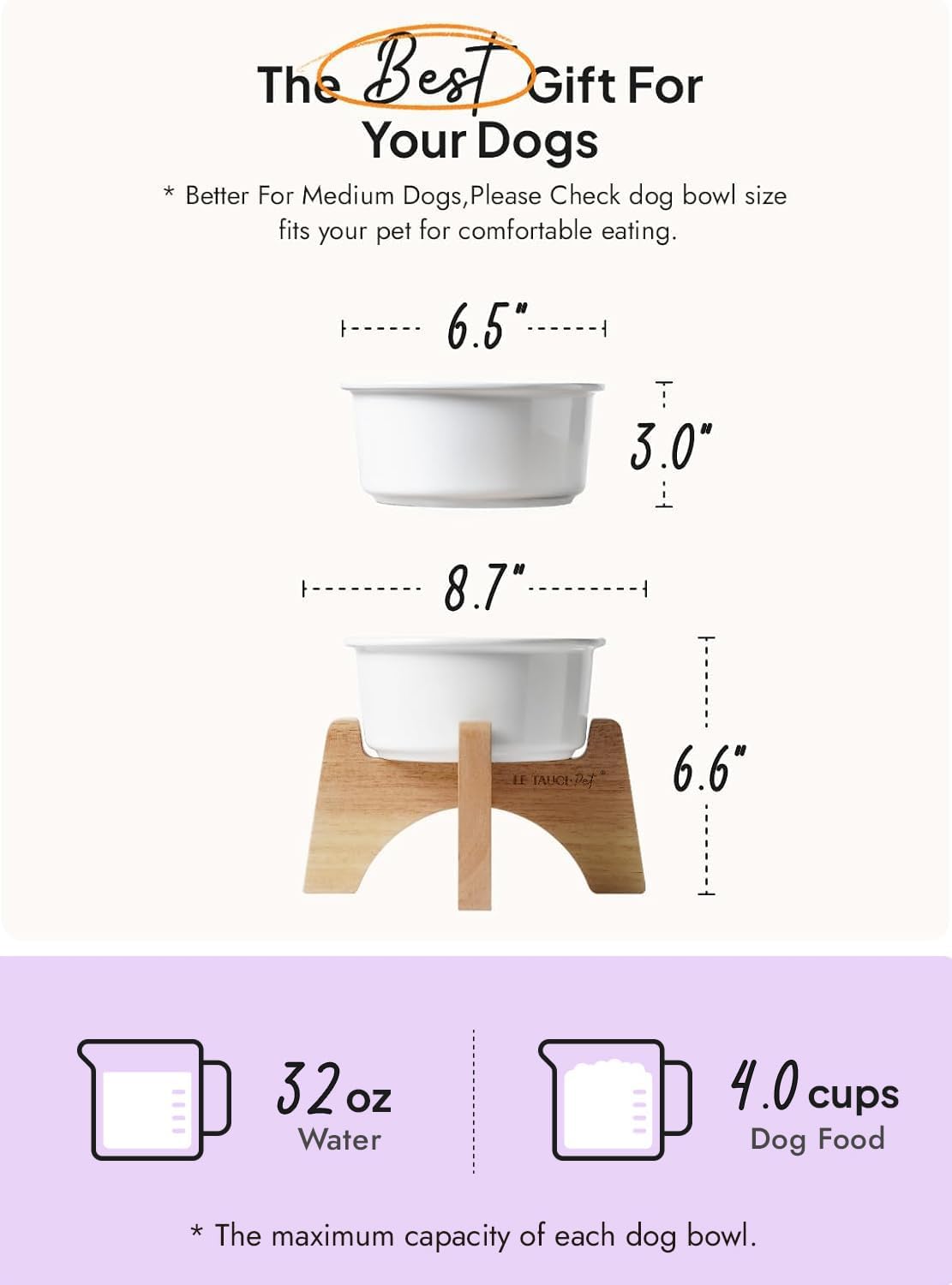 Raised Ceramic Dog Bowl with Wooden Stand, 6.5 Inch Elevated Feeder for Small & Medium Breeds, White, Set of 1