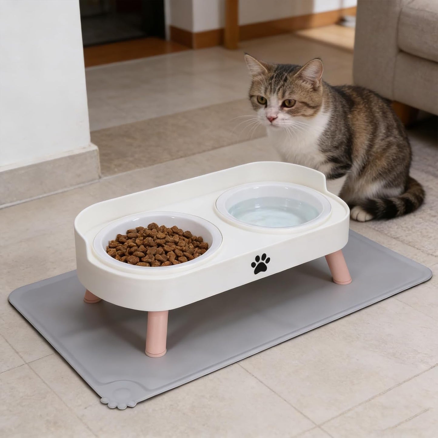 Cat Bowls Elevated,Cat Food and Water Bowl Set,Pet Feeding Raised Stand for Cats Dish Indoor Small Feeder Proof Double Dishes Kitten Station Gatos Dining Spill Holder Kitty Table Ceramic Feed Bowl