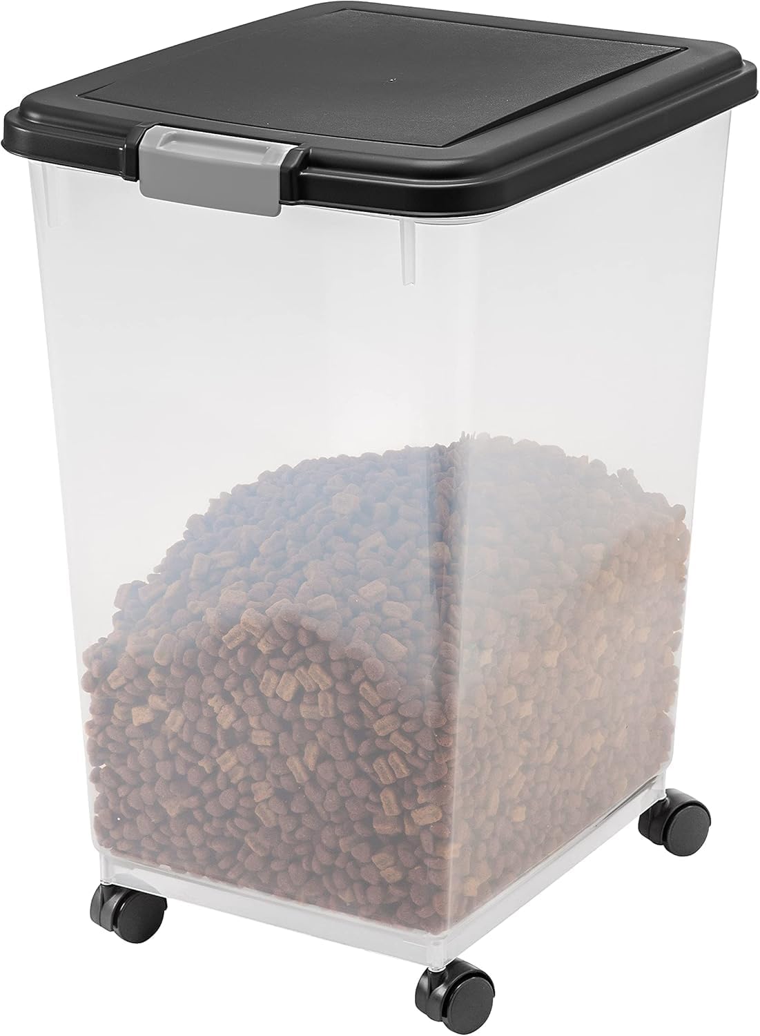 IRIS USA Airtight Dog Food Storage Container, Up to 54 lbs, Attachable Wheels, For Dog Cat Bird and Other Pet Food Storage Bin, Keep Fresh, Translucent Body, Easy Mobility, Black