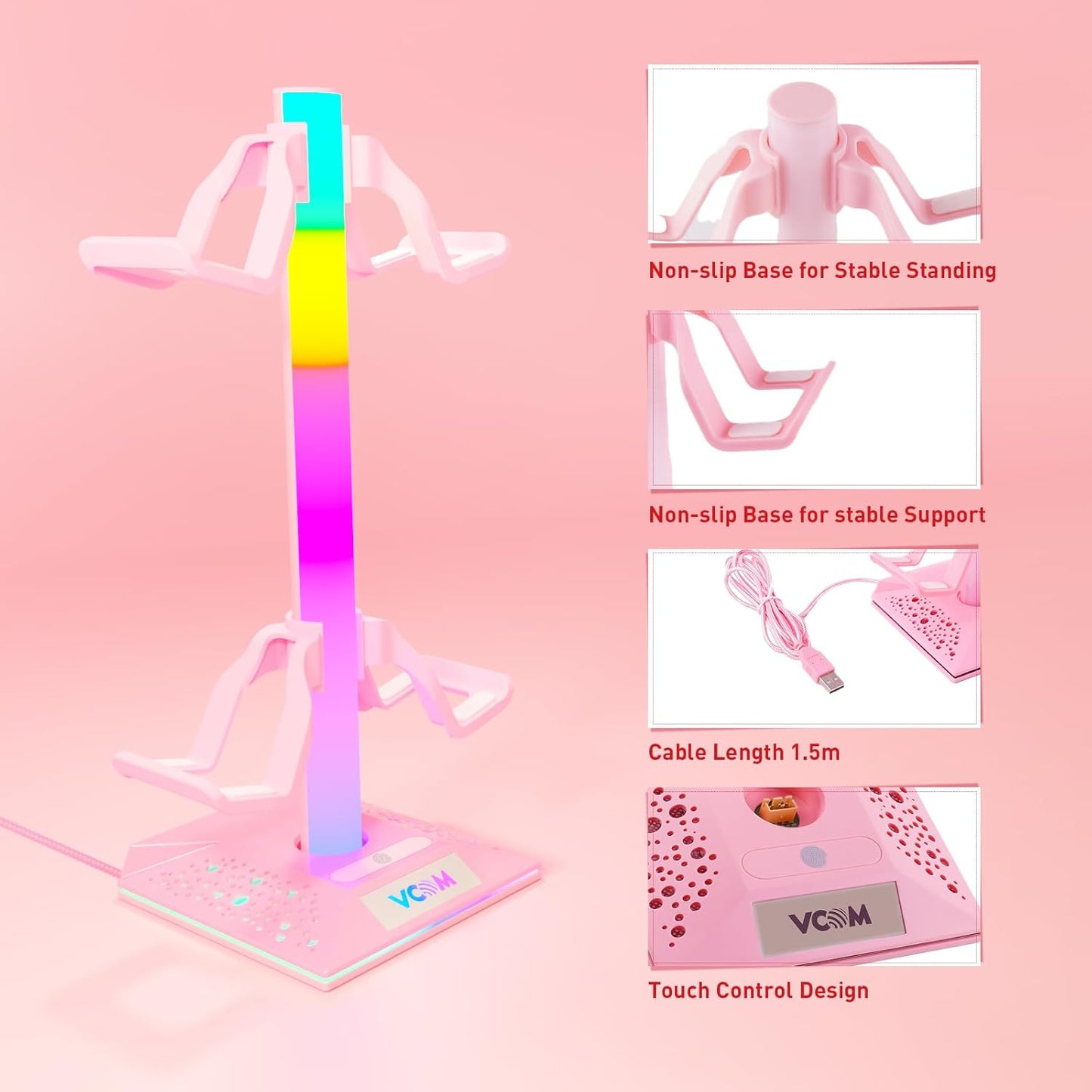 VCOM RGB Gaming Headphones Stand with 2 USB Ports, Pink Headset Stand with 10 Light Modes and Non-Slip Rubber, Suitable for PC Desk Accessories Gamers Gift(Pink)