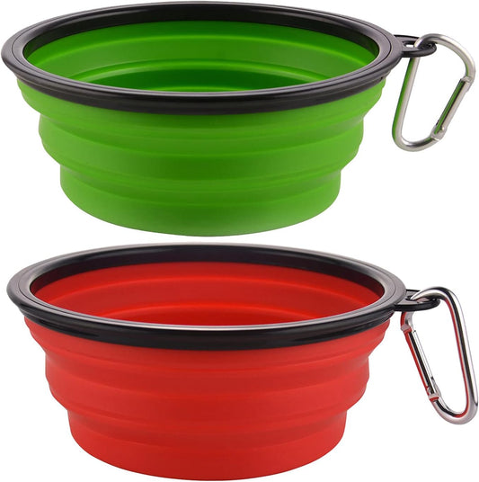 Guardians Large Collapsible Dog Bowls, 34oz Travel Water Food Bowls Portable Foldable Collapse Dishes with Carabiner Clip, 2 Pack (Green+Red)