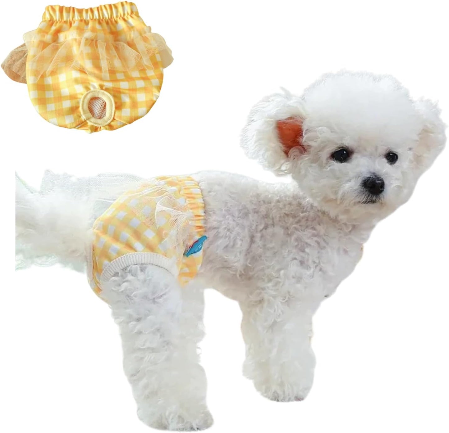 Small Dog Sanitary Panties, Lace Washable Reusable Cute Puppy Panties Pet Underwear Diaper Physiological Shorts for Female Girls Dogs(Yellow Plaid,XS)