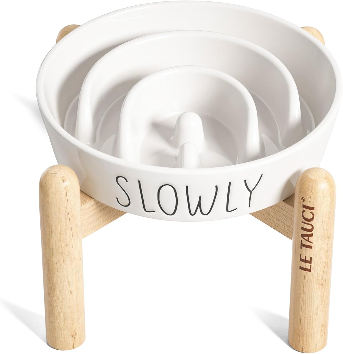Ceramic Elevated Slow Feeder Dog Bowl - 0.6 Cup Puzzle Feeder with Wooden Stand for Small Breeds, White Pet Dish