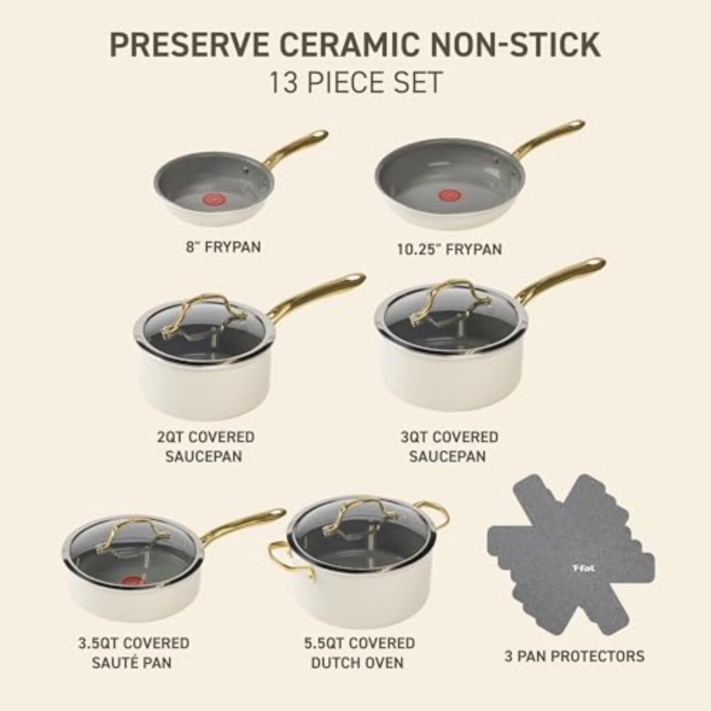 T-fal Preserve Ceramic, Non stick Cookware Set 13-Piece, Oven & Broiler Safe up to 350°F, Includes Stockpot, Saucepans, Frying Pans, Protectors, Pots and Pans, Beige