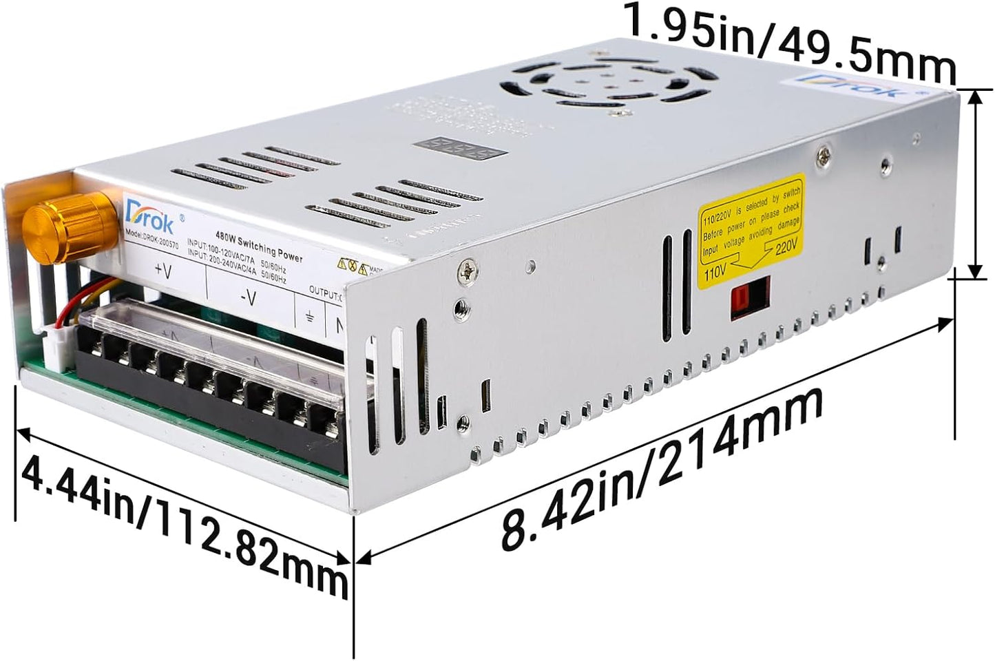 DROK 48V Power Supply, AC 110V/220V to DC 0-48V 10A 480W Buck Converter, Adjustable Variable LED Adapter Regulated 5V 12V 24V 30V 36V 48V Volt Voltage Transformer 10A Amp Charger for Lab CCTV