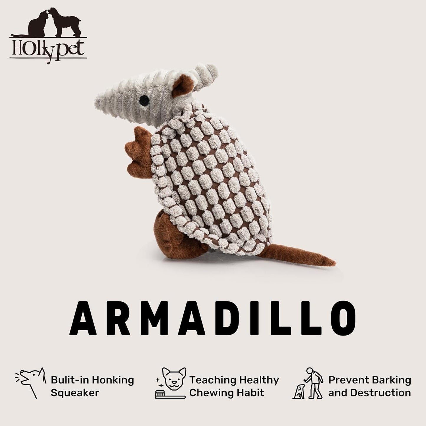 Hollypet Plush Dog Squeaky Toy Stuffed Armadillo Animal Pet Puppy Chew Toys with Clean Teeth for Small Medium Large All Breed Sizes Dogs, Gray, 8 in