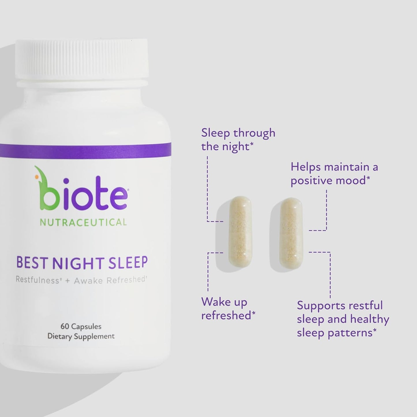 Biote Nutraceuticals - Best Night's Sleep - Restfulness + Awake Refreshed (60 Capsules)
