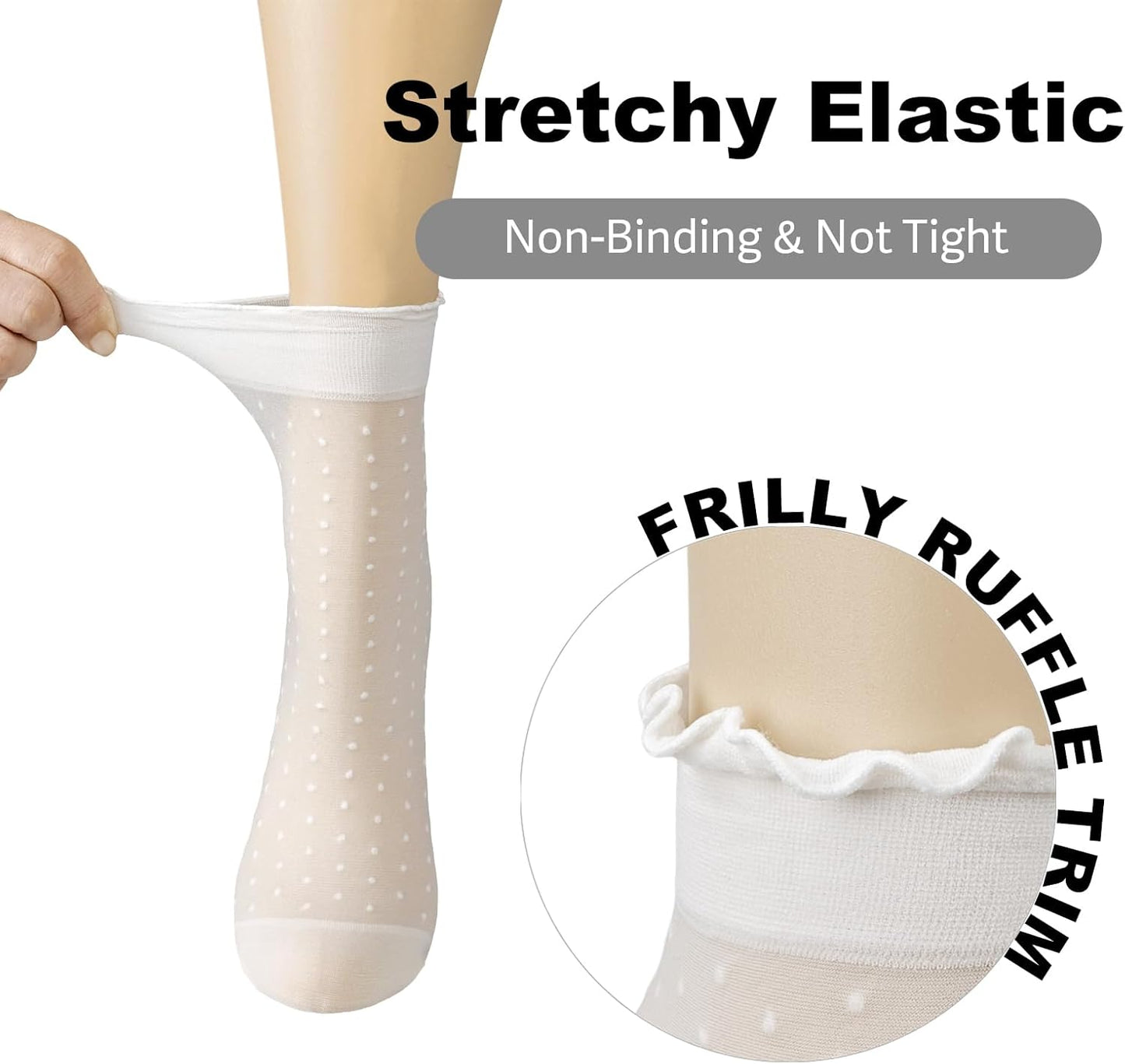 Mcool Mary 12 Pairs Women's Sheer Ruffle Socks Nude Stocking Summer Ultra Thin Cool See Through Silk Ankle Socks for Women