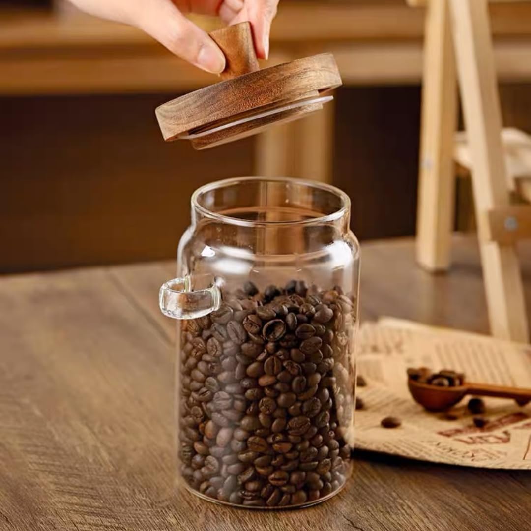 ANSQU Glass Jar with Wooden Lid and Spoon, 20.3oz Food Storage Containers Coffee Jar Coffee Grounds Container, Glass Food Storage Canister (1 Pack)