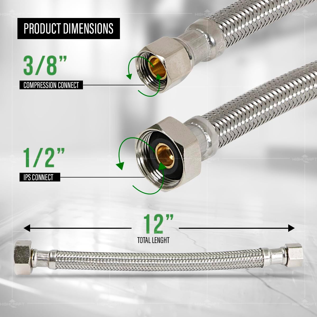 Highcraft Faucet Hose Connector 12" Length, 1/2" IPS X 3/8" Comp FIP Flexible Braided Stainless Steel Supply Line, Bathroom Kitchen Sink Extension (4 Pack)