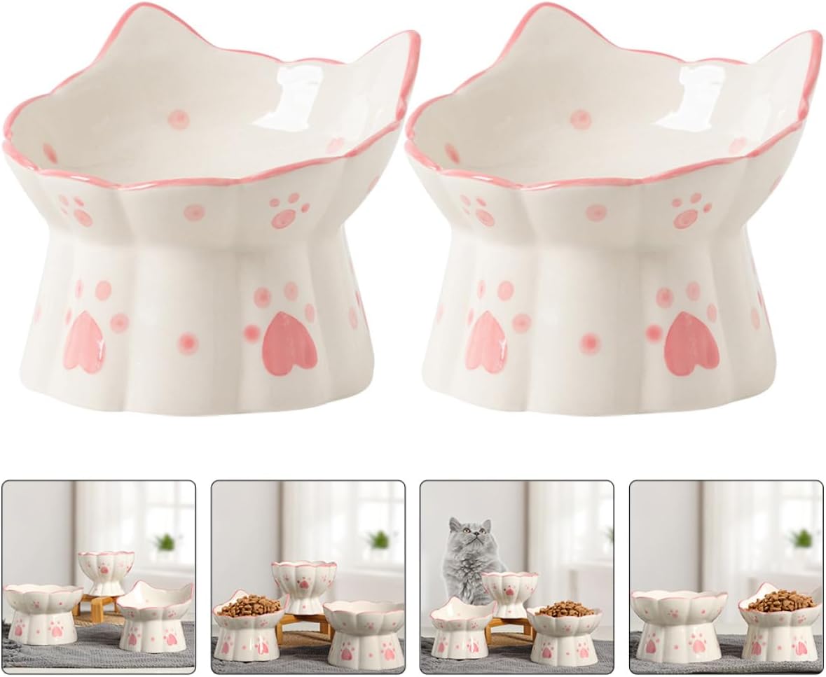 Milisten 2pcs Elevated Cat Feeding Bowls Ceramic Raised Bowls with Neck Protection Tilted Design Anti-Spill Pet Food and Water Dishes for Cats
