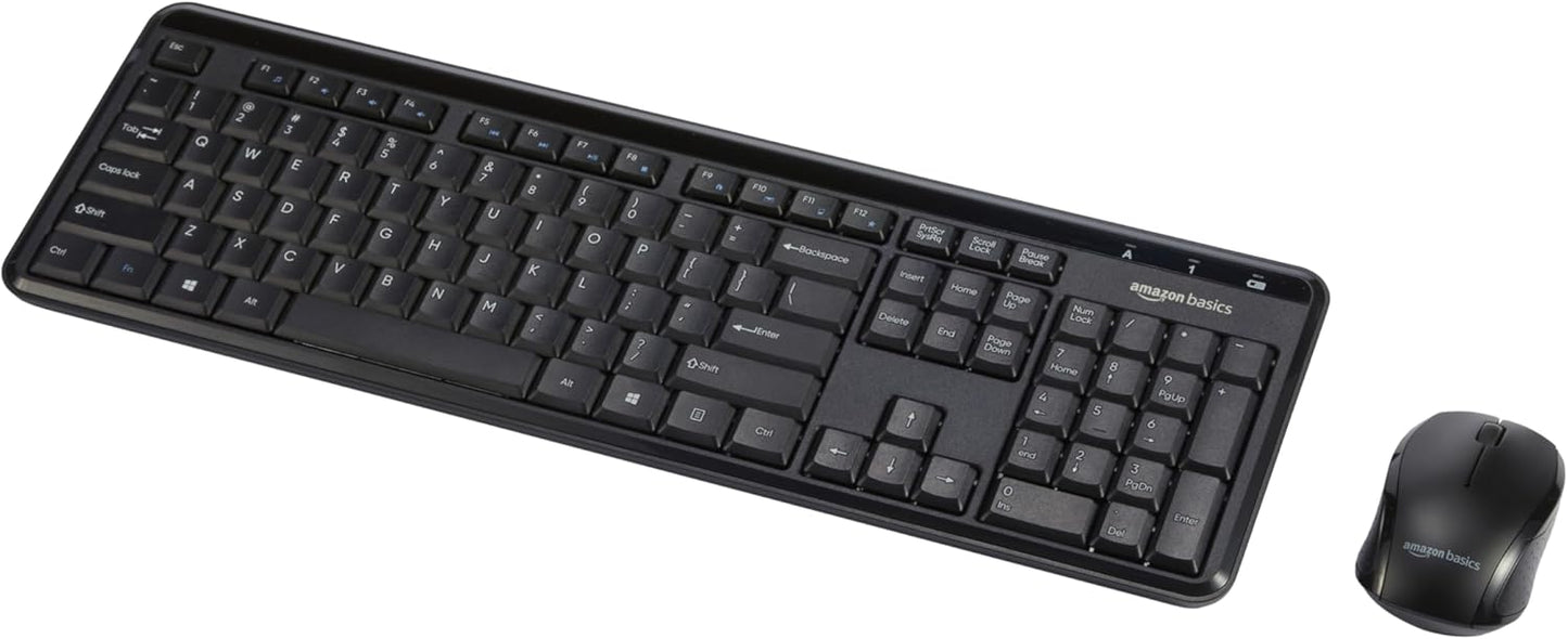 Amazon Basics 2.4GHz Wireless Keyboard and Mouse Combo Set, Quiet and Compact US Layout, Plug and Play, Unifying USB Receiver, Black