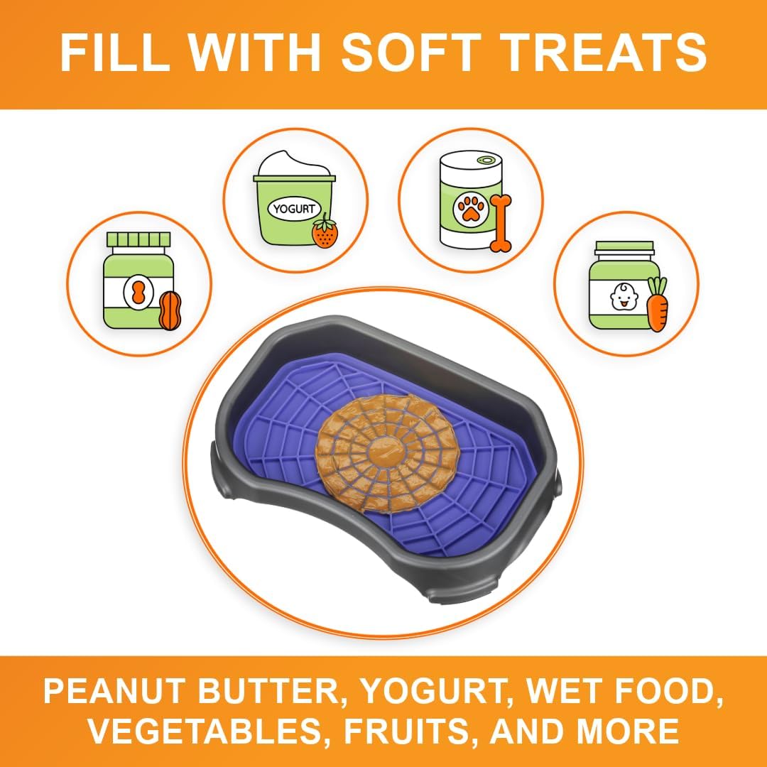 Neater Pets Neat-LIK Dog Lick Mat w/Mess-Proof Tray, Lick Mat for Dogs, Cats, Puppy, Reduces Anxiety & Boredom, Peanut Butter Slow Feeder, Interactive Treat Licking Pad (Purple/Gunmetal)