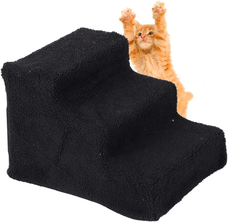 ZJchao Pet Stairs Dog Stairs Pet Ramp Pet Steps Sturdy Durable 3 Steps Ladder for High Bed Sofa with Removable Plush Cover White Beige Black (White)
