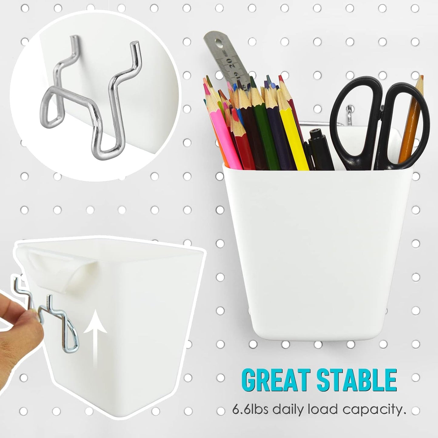 G.CORE Peg Board Organizer 21 Pack, Pegboard Accessories with Baskets Cups Hooks - 1/8" & 1/4" Peg Board Wall Tool Organizers, Utility Holders & Hangers for Garage Craft Workbench (White & White)