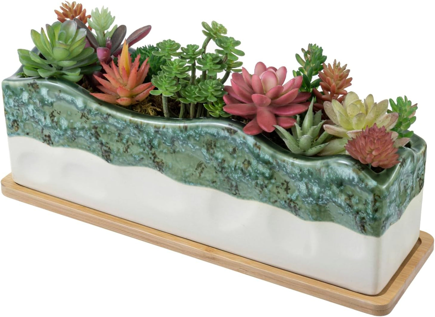 MyGift 13 Inch Large Rectangular Succulent Planter, Decorative Seafoam Green Glazed Beige Ceramic Indoor Plant Container Pot with Removable Bamboo Tray
