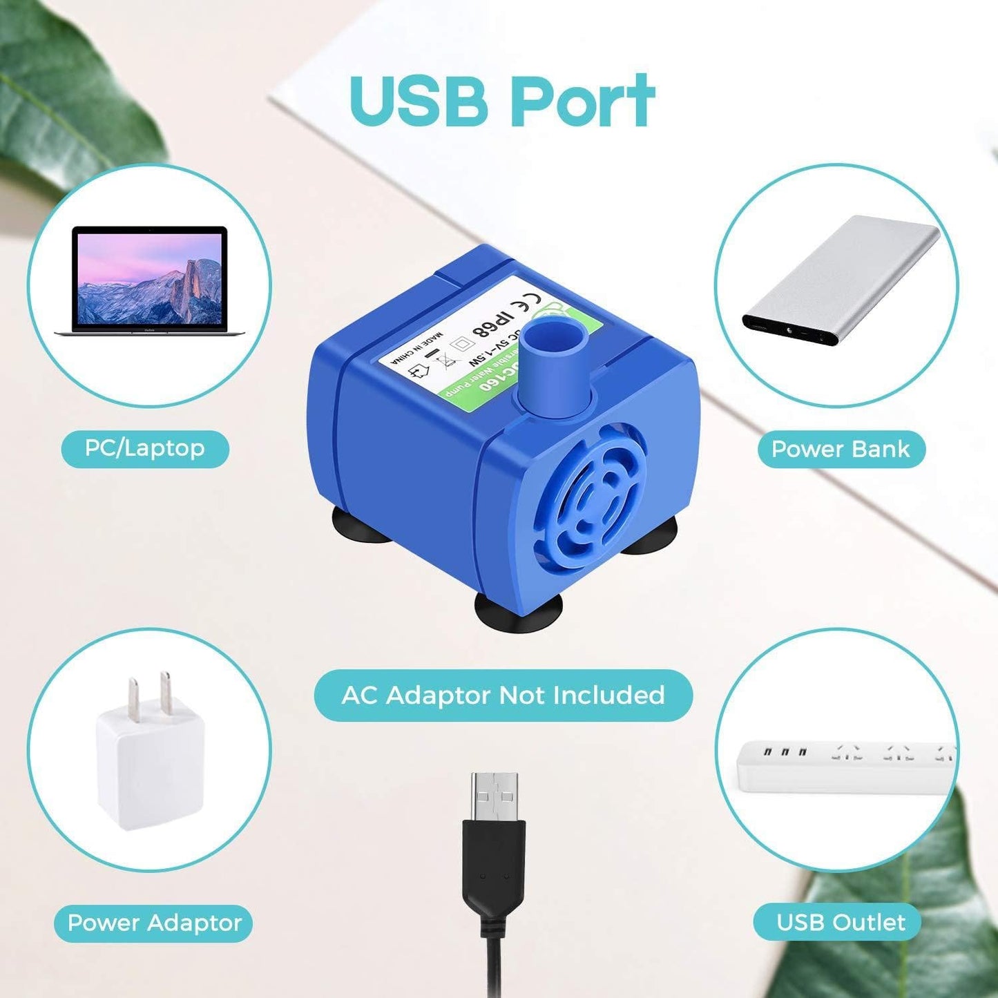Submersible Water Pump for Pet Fountain, DR-DC160 Pet Fountain Pump Motor Powerful Replacement Pet Water Dispenser 5.9ft Power Cable for Most Flower Fountain, USB Plug
