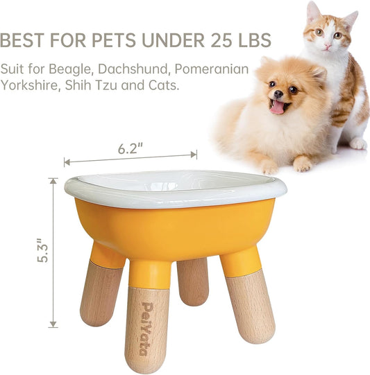 Elevated Cat Bowl and Dog Bowl - Ceramic Raised Pet Bowl with ABS & Beech Wood Stand for Neck & Whisker Relief,Weighted Food or Water Set for Cats & Small Dogs 13.5OZ