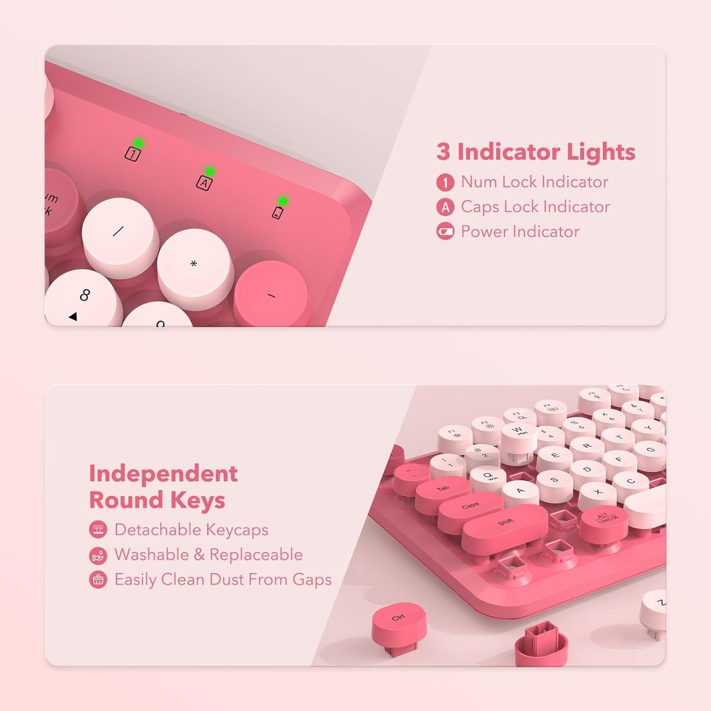 Wireless Keyboard and Mouse Combo, Cute Hot Pink Full-Size Retro Typewriter Keyboard with Round Keycaps, Magnetic Wrist Rest, Tilt Legs, 2.4GHz Cordless for Mac, Windows PC, Laptop, SABLUTE CK23