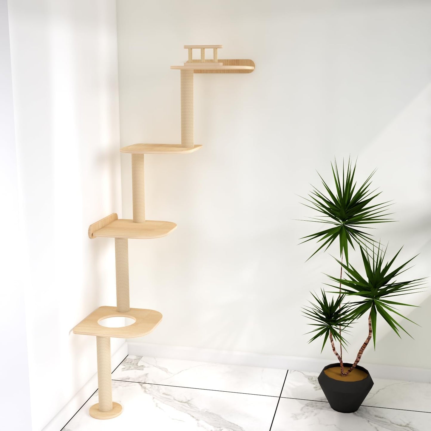 Wall-Mounted Tall Cat Tree Cat Scratching Post, Space Saving Floor to Ceiling Cat Tower, Natural Wood Cat Wall Shelves, Corner cat Jumping Platform cat Bed,Suitable for Large Cats