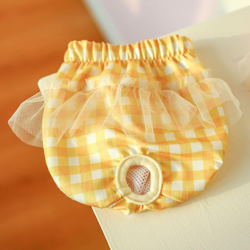 Small Dog Sanitary Panties, Lace Washable Reusable Cute Puppy Panties Pet Underwear Diaper Physiological Shorts for Female Girls Dogs(Yellow Plaid,XS)