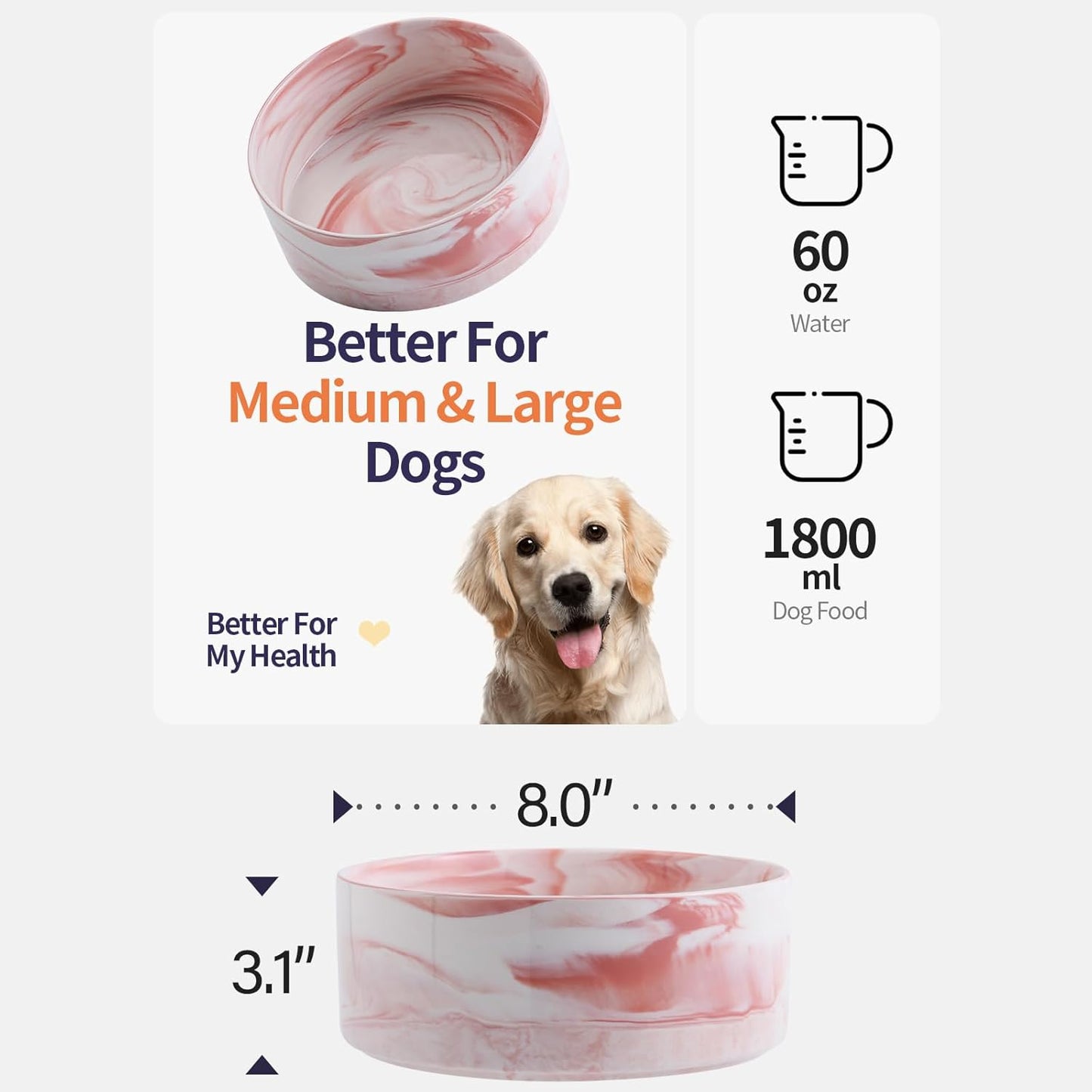 Elevated Dog Bowl Ceramic for Medium Large Sized Breed,Raised Dog Food Water Bowl with Stand,8 in 7.6 Cups Non Slip Pet Dish Heavy Weighted Marble Pink
