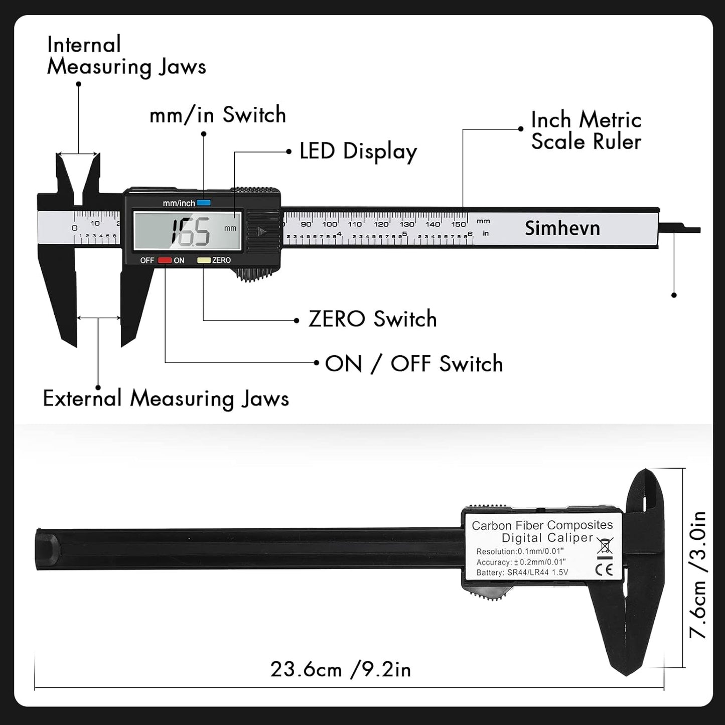 Electronic Digital Calipers, inch and Millimeter Conversion,LCD Screen displays 0-6" Caliper Measuring Tool, Automatic Shutdown, Suitable for DIY/Jewelry Measurement (New150mm Black Plastic)