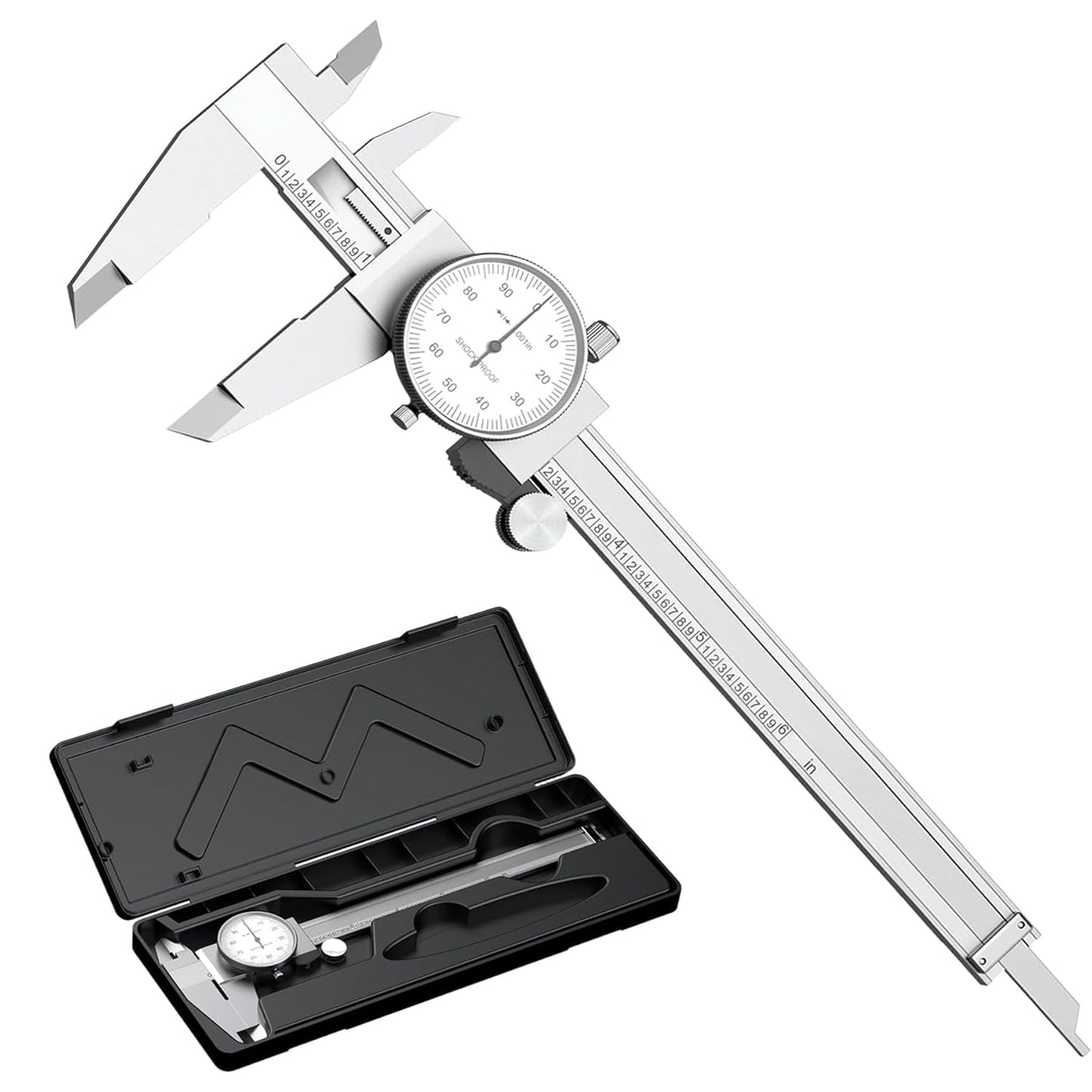 0-6 inch Dial Caliper Measuring Tool Imperial Stainless Steel 4-Way Dial Caliper 0.001" Shockproof with Plastic Case