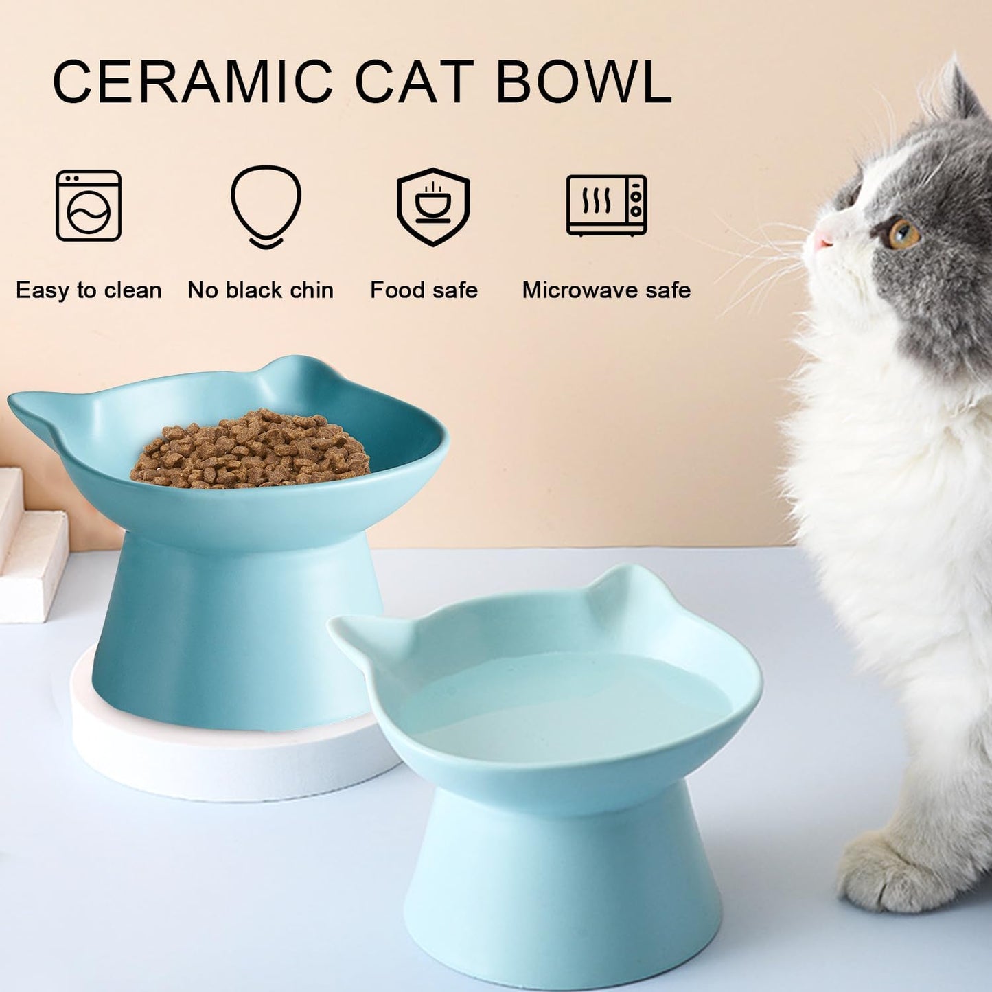 Ceramic Elevated Cat Bowl, Raised Cat Food Water Bowl for Indoor Cats with Stand, Titled Anti-Vomiting Cat Dish，Whisker Friendly, All Life Stage