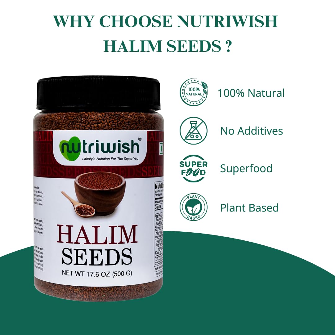 Nutriwish Natural Halim Seeds | 17.6 oz (500 g) | Pure & Natural Garden Cress | Safe & Beneficial Aliv Seeds | Halim Aliv Garden Cress Seeds for Eating | No Additives | High Protein Snack |