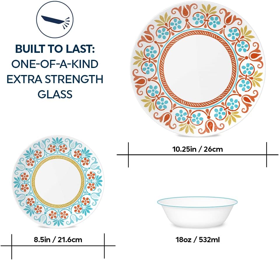 Corelle Global Collection Vitrelle 12-Piece Dinnerware Set, Triple Layer Recycled Glass, Lightweight Eco-Friendly Round Plates and Bowls Set, Terracotta Dreams