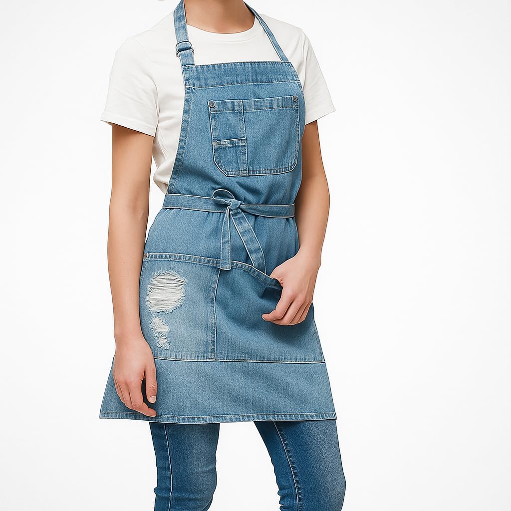 Denim Apron With 5 Pockets for Kitchens,Hairstylist Aprons for Women Men,Adjustable Bib Jean Apron for Arts Cafe Work
