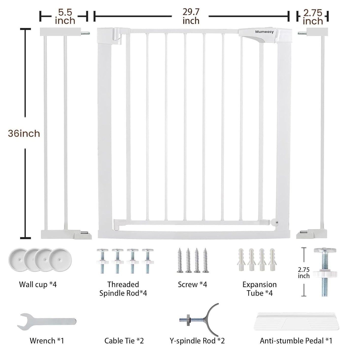 Mumeasy 36" High Extra Tall Dog Gate, 29.6"-40.5" Wide Pressure Mounted Tall Baby Gate for Dog, Auto Close Pet Gate with Door for Stairs,Doorways,House,White