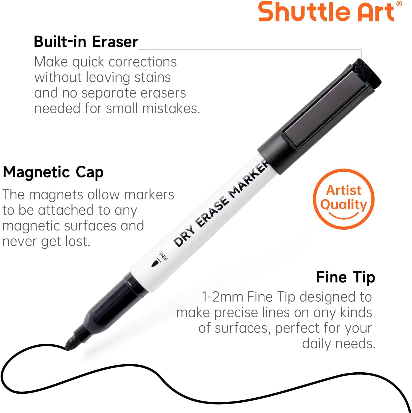 Shuttle Art Black Dry Erase Markers, 60 Pack Magnetic Whiteboard Markers with Erase,Fine Point Dry Erase Markers Perfect For Writing on Whiteboards, Dry-Erase Boards,Mirrors for School Office Home