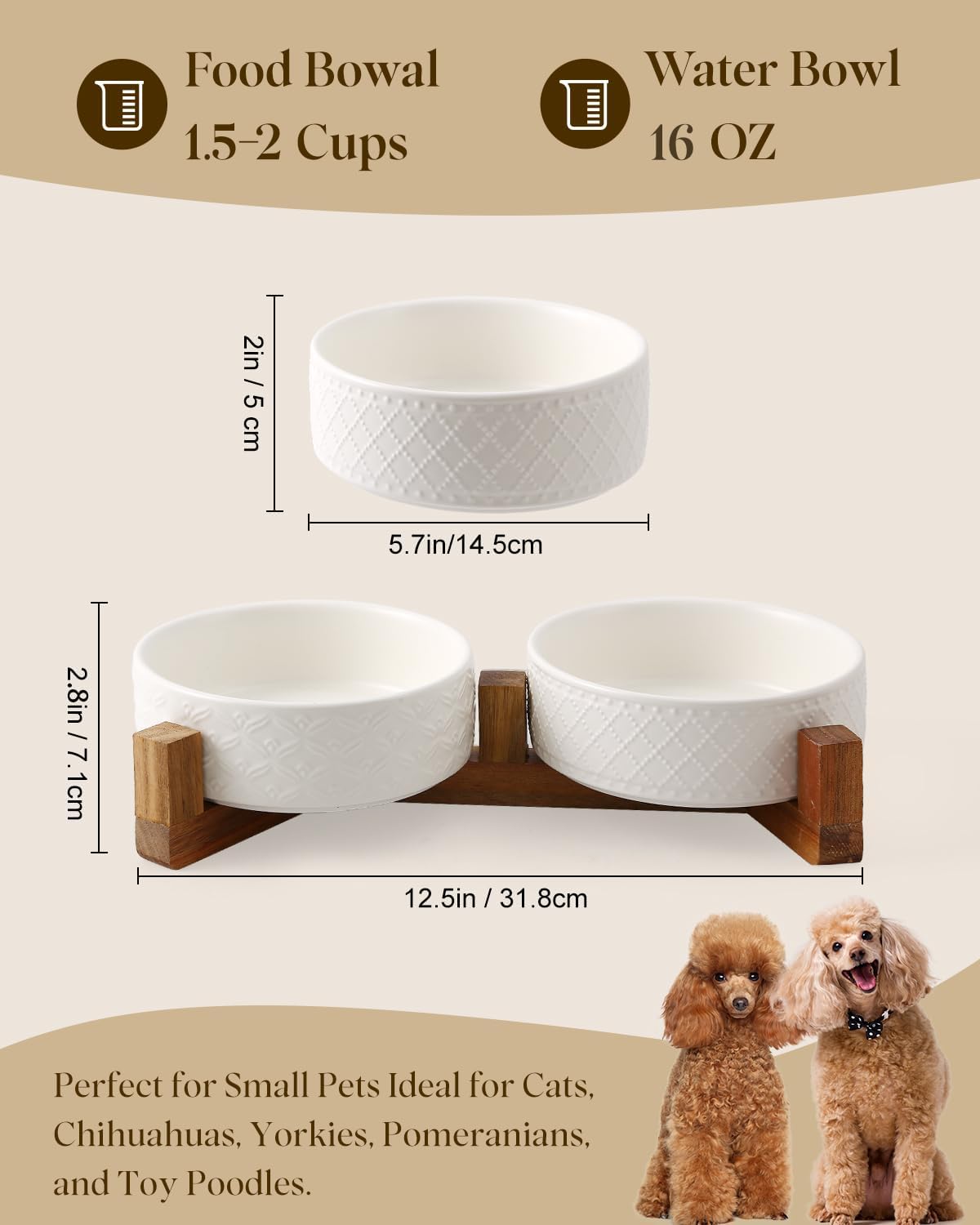 Dog Bowl Set with Acacia Wood Stand & Silicone Mat, 2.0-Cup Ceramic Puppy Bowls for Small Dogs, Dual Food and Water Bowls with Weighted Non-Slip Base & Dog Food Mat