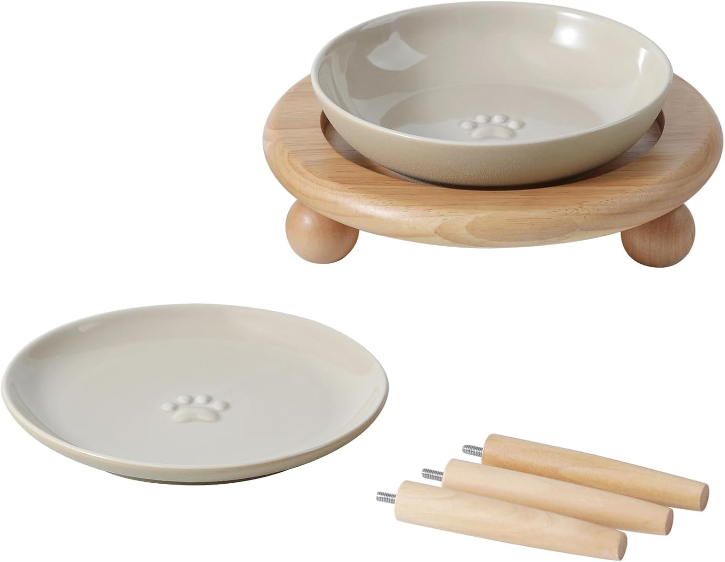 Raised Ceramic Wide Whisker Friendly Cat Dishes, Food&Water Bowl with 2 Style Stand Adjustable Pet Bowl Set(1Dish+1Shallow Dish+Stand