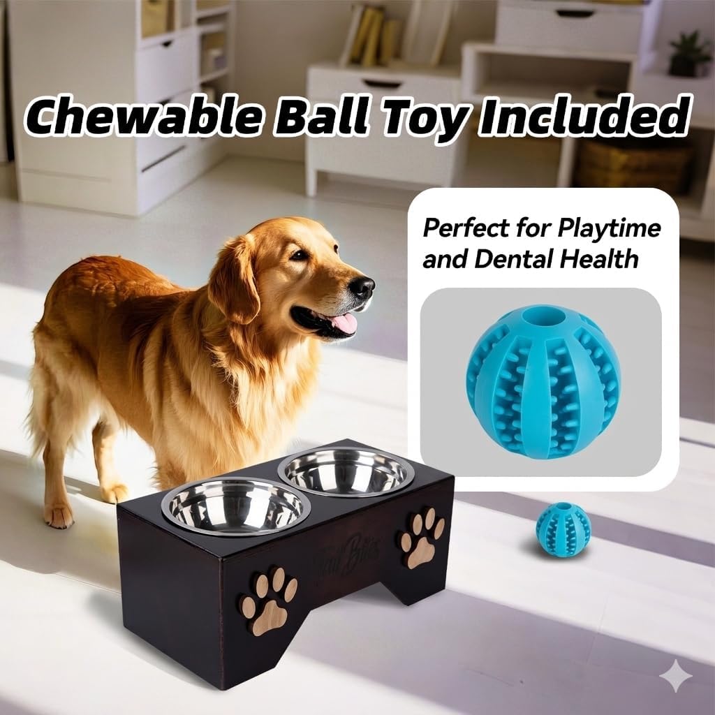 Raised Dog Bowls for Medium & Large Dogs – Wooden Elevated Dog Feeder Stand with 2 Stainless Steel Bowls + Bonus Chew Treat (14” x 7” x 6”)