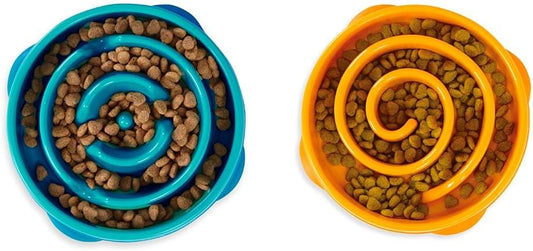 Outward Hound Fun Feeder Dog Bowls, Slow Feeders for Dogs, Medium/Mini, Turquoise and Orange