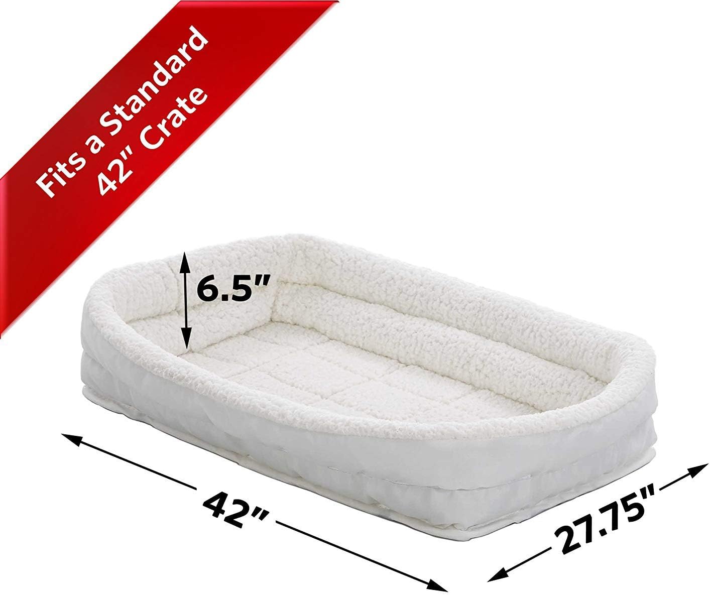 MidWest Homes for Pets Large QuietTime Double Bolster Pet Bed, White Plush 42-Inch Crate Mat with Stacked Bolsters, Machine Washable, Secure Fit with Elastic Straps