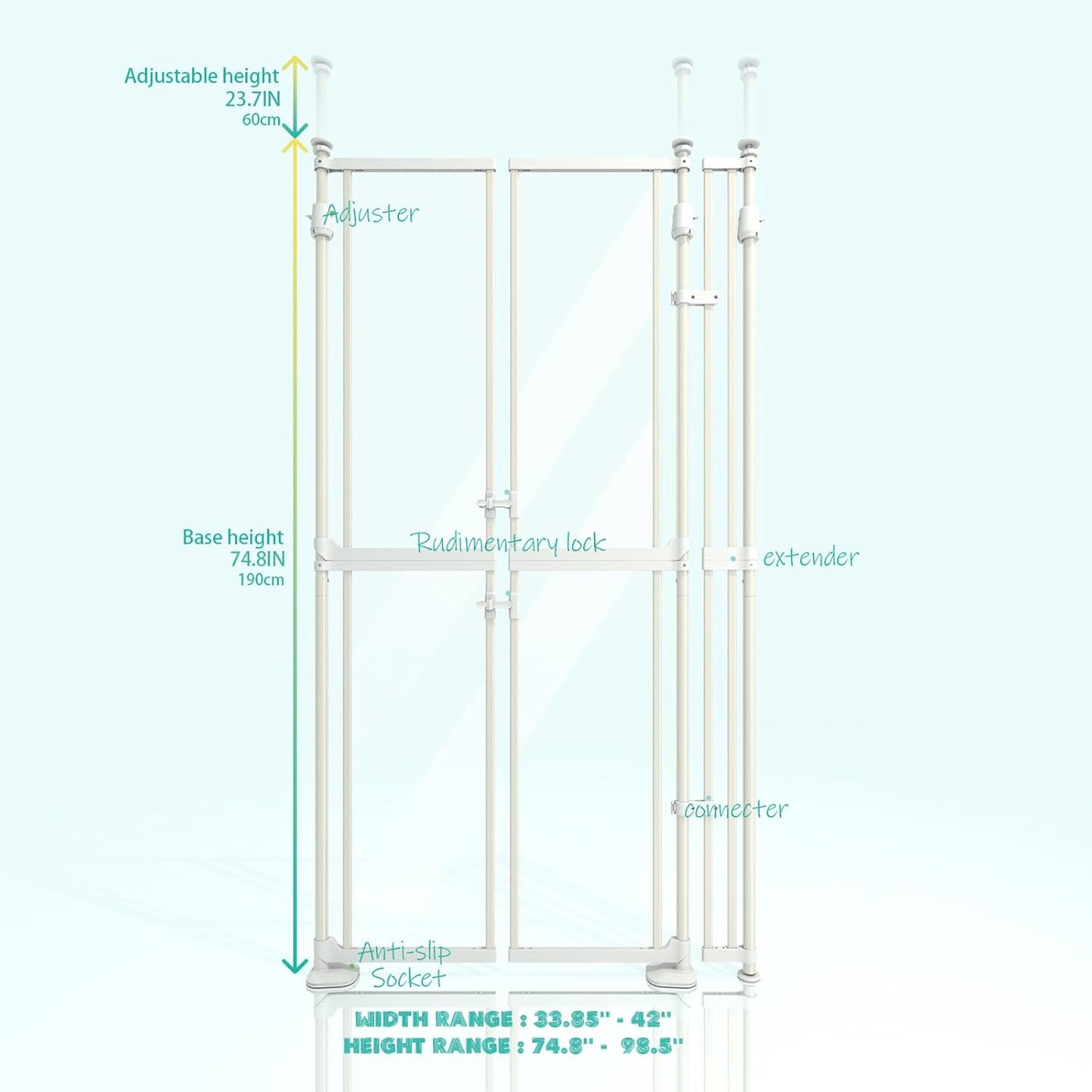 74"-98.5" Extra Tall Cat Gate for Doorway, Wide Adjustable 33.85-42" Clear Dog Gate Acrylic, Pressure Mounted Stairs, House, Innovation Double Opening Pet Gate,White