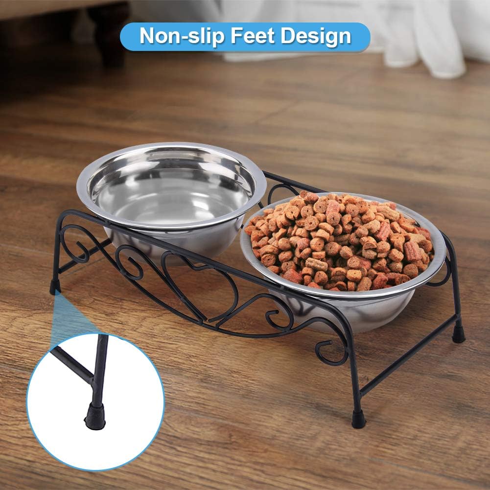 Raised Dog Bowls, Stainless Steel Double Pet Food Feeder Cat Water Dispenser Dish Bowls with Retro Iron Stand for Small or Medium Dogs Cats Puppy