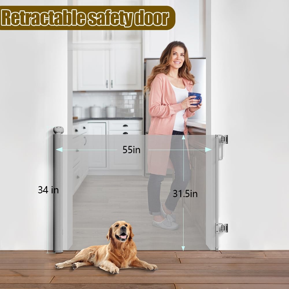 Retractable Baby Gates for Stairs Doorways Hallways, Soft Mesh Safety Retractable Dog Gate for Pet, Indoor Or Outdoor Use, Easy Installation,33.6" Tall,Expands to 55" Wide,Grey
